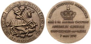 Belgium, Kingdom, Albert II, Medal in Bronze 2010, General meeting AEN Saint Georges Sur Meuse, Knight on horse slaying the dragon / Legend in 6 lines, GMJ E.468a, RARE, UNC