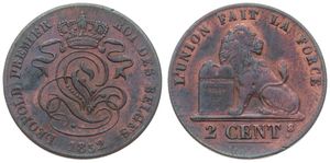Belgium, Kingdom, Leopold I, 2 Centimes Copper 1852, Seated lion with tablet, Morin 101a, SCARCER DATE, Fine
