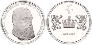 Belgium, Kingdom, Baudouin I, Medal in Silver (1980) by Franklin Mint, Belgian Dynasty, Head of King Leopold II right / Crown flanked by two lions : 1865-1909, PROOF