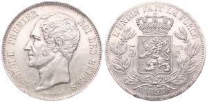 Belgium, Kingdom, Leopold I, 5 Francs Silver 1853, Bare head left, Morin 43, XF