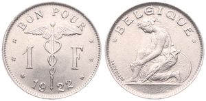 Belgium, Kingdom, Albert I, 1 Franc Nickel 1922FR, Kneeling woman left, Morin 396, A.UNC