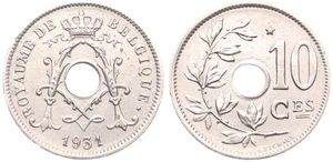 Belgium, Kingdom, Albert I, 10 Centimes Nickel-Brass 1931FR, Center hole within crowned monogram, Morin 426b, XF