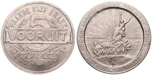 Belgium, Kingdom, Gent, 5 Frank Copper-Nickel 1921, Legend Waarde Vijf Frank VOORUIT / People in front of radiant sun - Legend : Samenwerking Werkende klasse, XF