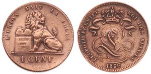Belgium, Kingdom, Leopold I, 1 Centime Copper 1856, Seated lion with tablet, Morin 124, XF (cleaned)