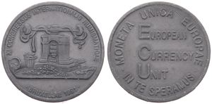 Belgium, Kingdom, Baudouin I, Medal in Lead 1991 by ECU, XI International Numismatic Congress in Brussels  - Moneta Unica Europea, Coin Press / Legend in 3 lines, XF