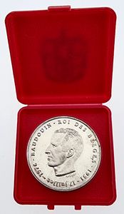 Belgium, Kingdom, Baudouin I, 250 Francs Silver 1976FR, Silver Jubilee, Morin 782, VARIETY WITH SMALL MONOGRAM B & STARS IN EDGE !, PROOFLIKE in original box