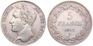 Belgium, Kingdom, Leopold I, 5 Francs Silver 1848, Laureate head left, Morin 14, VF+