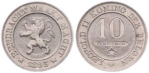 Belgium, Kingdom, Leopold II, 10 Centimes Copper-Nickel 1895FL, Rampant lion within circle left, Morin 239, UNC
