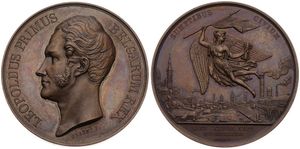 Belgium, Kingdom, Leopold I, Medal in Bronze 1837 by Braemt, Inauguration of the First Railway road in Gand, Head of Leopold I left / City view and locomotive ' Charles Quint ', UNC 