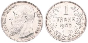Belgium, Kingdom, Leopold II, 1 Franc Silver 1909FL, Bearded head left, Morin 201a, VARIETY WITHOUT DOT IN ENGRAVERS NAME, A.UNC
