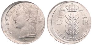 Belgium, Kingdom, Baudouin I, 5 Francs Copper-Nickel 1972FR, Head of Ceres left, Morin 576, SCARCER ERROR COIN !, XF/AU