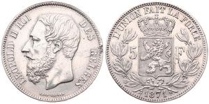 Belgium, Kingdom, Leopold II, 5 Francs Silver 1871, Bearded head left, Morin 158, A.XF (small edgenick)