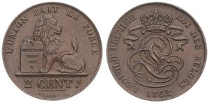 Belgium, Kingdom, Leopold I, 2 Centimes Copper 1862, Seated lion with tablet, Morin 110a, XF