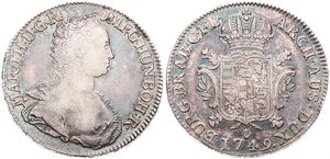 Austrian Netherlands, Maria Theresia, 1 Ducaton Silver 1749(h) R, Bust right with decolletage / Crowned arms within cartouche, KM 8 Antwerp, Fine (Position B)