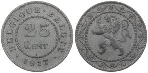 Belgium, Kingdom, Albert I, 25 Centimes Zinc 1917FR/FL, German Occupation - Rampant lion within circle, Morin 435, KEY DATE, VF