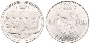 Belgium, Kingdom, Prince Charles, 100 Francs Silver 1950FR, Conjoined heads of four Kings, Morin 506, UNC