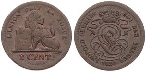 Belgium, Kingdom, Leopold I, 2 Centimes Copper 1834, Seated lion with tablet, Morin 88, SCARCER DATE !, VF
