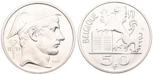Belgium, Kingdom, Prince Charles, 50 Francs Silver 1951FR, Helmeted head of Mercurius right, Morin 514, UNC