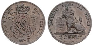 Belgium, Kingdom, Leopold II, 1 Centime Copper 1876FR, Seated lion with tablet, Morin 224, UNC