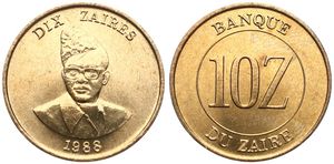 Zaire, Republic, 10 Zaires Brass 1988, Bust of Mobutu facing, KM 19, UNC