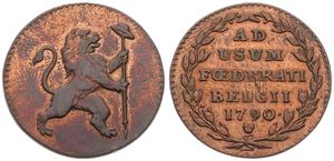 Austrian Netherlands, Insurrection Coinage, 2 Liards Copper 1790(b), Rampant lion right holding staff / Legend in 6 lines, KM 45 Brussels, VF