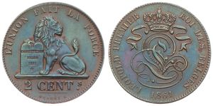 Belgium, Kingdom, Leopold I, 2 Centimes Copper 1861, Seated lion with tablet, Morin 109a, VARIETY WITHOUT DOT AFTER BRAEMT F, XF