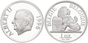 Belgium, Kingdom, Albert II, Medal (1 Oz) in Silver 1996, Seated lion with tablet / Head of King Albert II left, PROOF