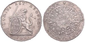 Austrian Netherlands, Insurrection Coinage, 3 Florins Silver 1790(b), Rampant lion right holding sword and shield / 11 Shields surround central radiant design, KM 50 Brussels with LARGE DATE & Position A, RARE !, A.UNC 