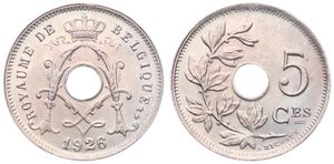 Belgium, Kingdom, Albert I, 5 Centimes Copper-Nickel 1926FR, Center hole within crowned monogram, Morin 368, UNC