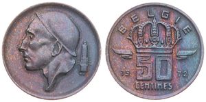 Belgium, Kingdom, Baudouin I, 50 Centimes Bronze 1972FL, Helmeted mine worker left, Morin 687, VARIETY WITH THICK NOSE !, XF