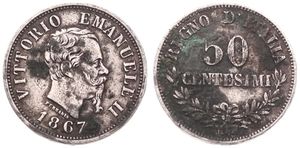 Italy, Kingdom, Vittorio Emanuele II, 50 Centesimi Silver 1867M BN, Bearded head right, KM 14.1, VF