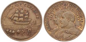 Great Britain, Kingdom, Edward VII, Token in Brass 1902, Coronation of King Edward VII and Queen Alexandra, Conjoined crowned busts left / Issued in Greenock, Sailing Ship, A.XF