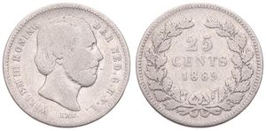 Netherlands, Kingdom, William III, 25 Cents Silver 1889, Bearded head right, KM 81, SCARCE, VG/F