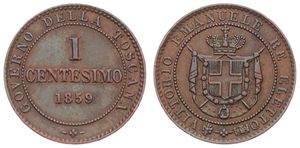Italian States, Tuscany, 2nd Provisional Government, Vittorio Emanuele I, 1 Centesimo Copper 1859, Crowned arms within beaded circle, KM 81, A.UNC