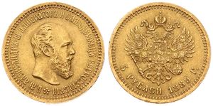 Russia, Empire, Alexander III, 5 Roubles Gold 1889, Bearded head right / Crowned imperial double headed eagle holding orb and scepter, KM 42, XF (*)