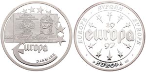 Europe, European Union, Medal in Silver 1997, Old banknote - 50 Kroner from Denmark / Stars and legend within and around circle, PROOF