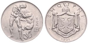 Albania, Kingdom, King Zog I, 1/2 Lek Nickel 1931L, Hercules wrestling Nemean lion, KM 13, VF
