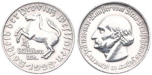 Germany, Emergency Coinage, Westfalen, 1/4 Million Mark Aluminum 1922, Head of Minister vom Stein left / Roaring horse above value and date, XF (slightly cleaned)