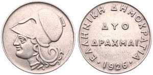 Greece, Republic, 2 Drachmai Copper-Nickel 1926, Athena head left, KM 70, XF