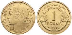 France, Republic, 1 Franc Aluminum-Bronze 1938, Laureate head left, KM 885, UNC