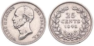 Netherlands, Kingdom, William II, 25 Cents Silver 1848, Bearded head left, KM 76 With dot after date, VF