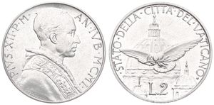 Vatican City, City State, 2 Lire Aluminum 1950, Dove and St. Peter's Basilica Dome, KM 45, UNC