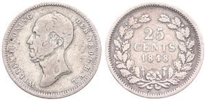 Netherlands, Kingdom, William II, 25 Cents Silver 1848, Bearded head left, KM 76 Without dot after date, Fine