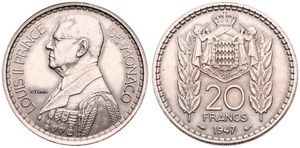 Monaco, Principality, Louis II, 20 Francs Copper-Nickel 1947, Uniformed bust left, KM 124, UNC