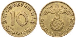 Germany, Third Reich, 10 Reichspfennig Aluminum-Bronze 1936E, Eagle above swastika within wreath, KM 92, VF, VERY RARE DATE !
