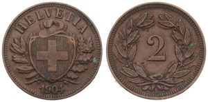 Switzerland, Confederation, 2 Rappen Bronze 1904, Cross in shield within sprigs, KM 4.2, VF