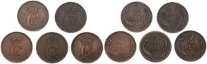 Denmark, Kingdom, Christian IX, 5 x 2 Ore Bronze 1874, 1880, 1881, 1883 & 1892, Crowned Monogram, KM 793.1, all VF