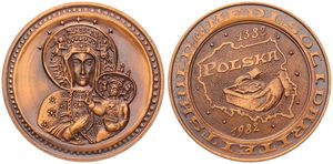 Poland, Republic, Medal (100 Medi) in Copper 1982, 600 Jaar Solidariteitshulp, Hands holding red cross box, Madonna with Child, UNC