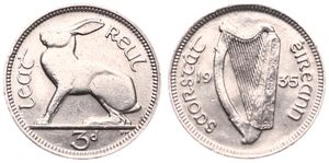 Ireland, Irish Free State, 3 Pence Nickel 1935, Seated hare, KM 4, KEY DATE, XF