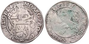 Netherlands, Gelderland Province, 48 Stuivers (Lion Daalder) Silver 1628/22, Knight behind shield within beaded circle / Rampant lion within beaded circle, KM 15.1, Fine